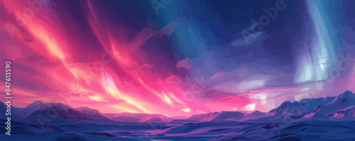 Dazzling aurora borealis painting the polar sky with ethereal ribbons of light. Vector flat minimalistic isolated illustration.