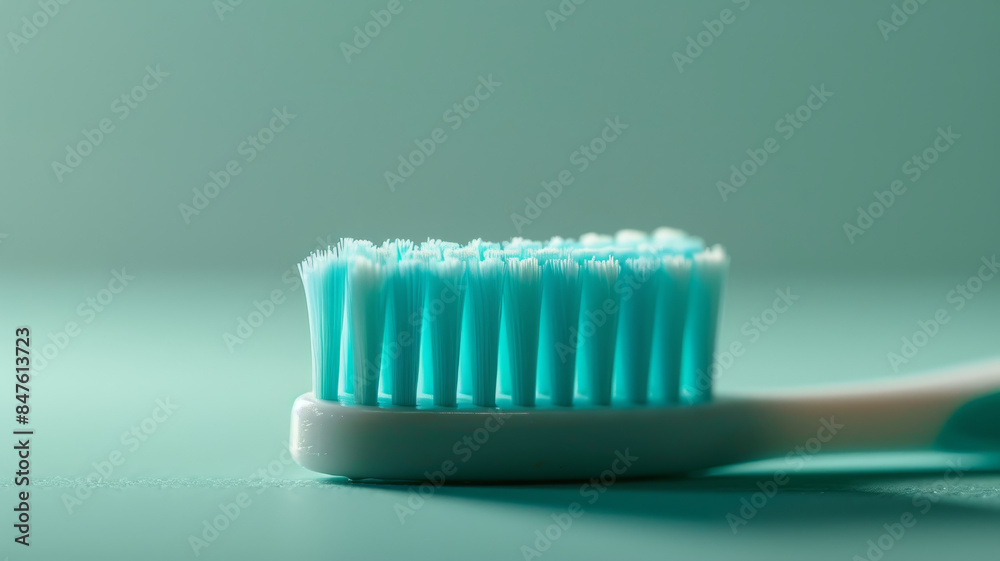 Closeup of a teal toothbrush bristles on a light background. Closeup of a teal toothbrush bristles on a light background.