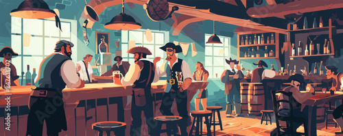 A lively tavern filled with rough-looking pirates, recounting tales of adventure over tankards of ale. Vector flat minimalistic isolated