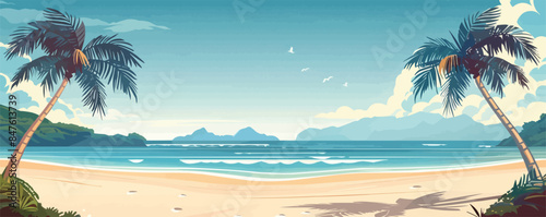 A serene beach with palm trees swaying in the gentle breeze. Vector flat minimalistic isolated illustration.