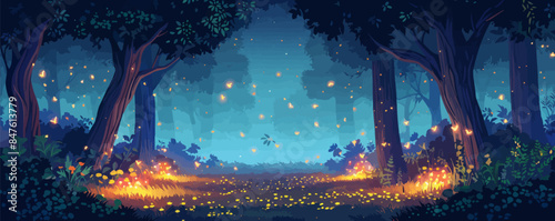 A mystical forest pond with a wooden pier and fireflies dancing in the air. Vector flat minimalistic isolated