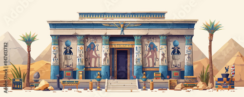 Egyptian pharaoh's tomb adorned with hieroglyphs and treasures. Vector flat minimalistic isolated