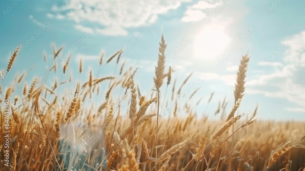 Fototapeta premium Harvest season in a golden wheat field, traditional farming