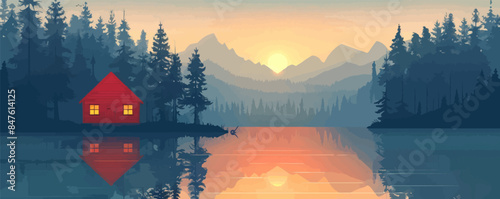 Serene lakeside cabin surrounded by pine trees. Vector flat minimalistic isolated illustration.