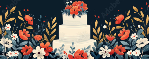Elegant wedding cake adorned with flowers. Vector flat minimalistic isolated