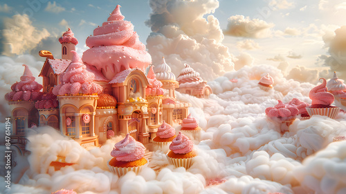 A whimsical 3D bakery floating amidst fluffy clouds, with cupcakes, pastries, and ingredients defying gravity in a playful dance. photo
