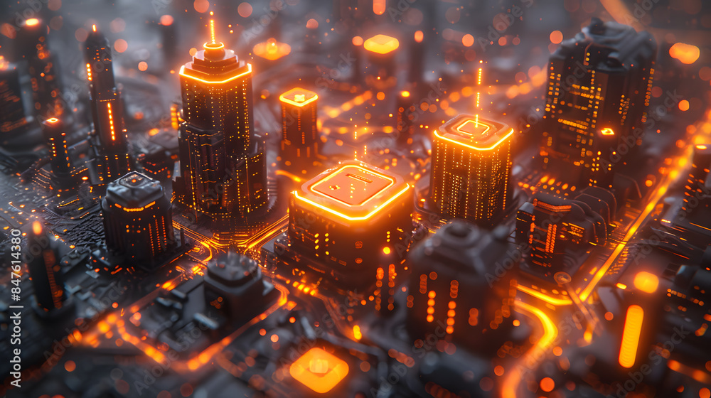 A detailed 3D landscape where geometric shapes represent a bustling metropolis of bacteria, interconnected by glowing filaments.