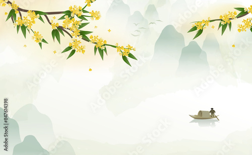 Landscape background with  osmanthus branches in the foreground, mountains in the distance, and s awning boat