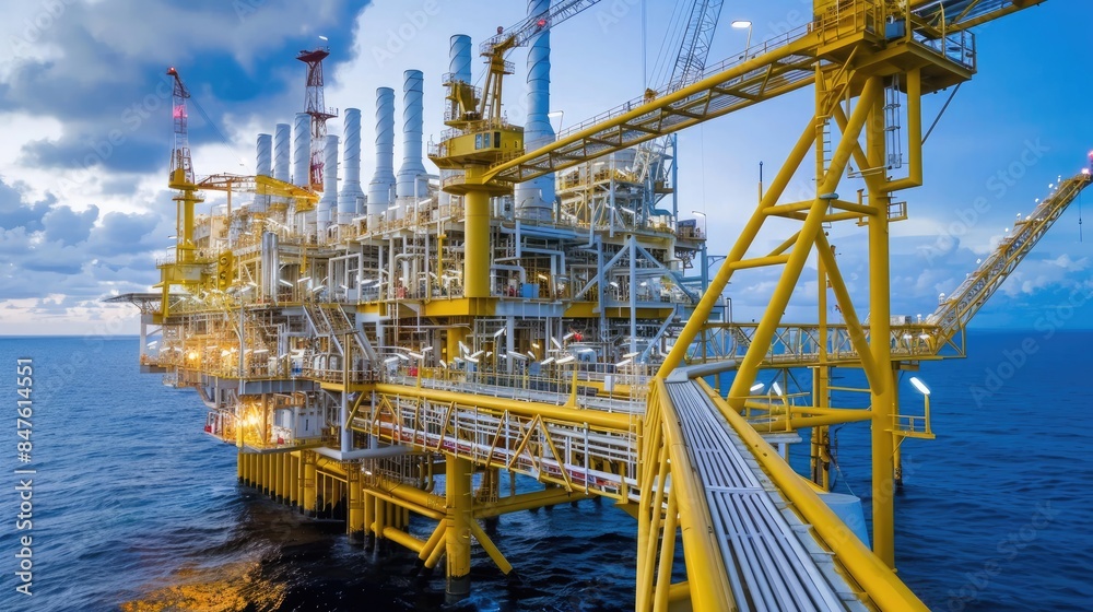 Oil and Gas offshore oil rig platform at sunset, set against a dramatic sky and the ocean Oil and Gas offshore oil rig platform at sunset, set against a dramatic sky and the ocean