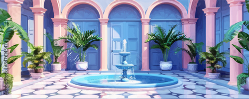 Enchanted castle courtyard with a fountain Vector flat minimalistic isolated