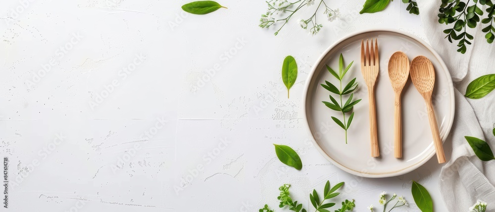 Fotografie Eco-conscious dining with biodegradable cornstarch cutlery, white backdrop