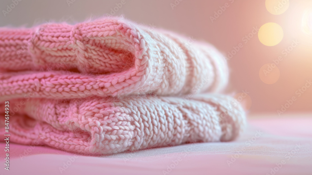 Two folded knitted blankets on a soft surface with soft lighting. Two folded knitted blankets on a soft surface with soft lighting.