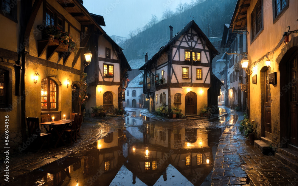 Evening Rain in Cobblestone Alley with Traditional European Half-Timbered Houses, Warm Street Lights Reflecting on Wet Surfaces, Cozy Atmosphere in Old Town, Inviting Historical Architecture