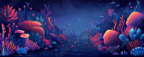 Underwater world of bioluminescent creatures in the deep sea. Vector flat minimalistic isolated