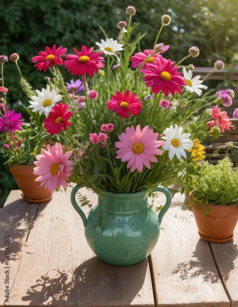 Vibrant flowers in green vase on wooden table.
