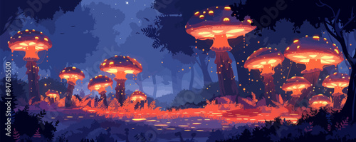 Enchanted forest glen with glowing mushrooms Vector flat minimalistic isolated