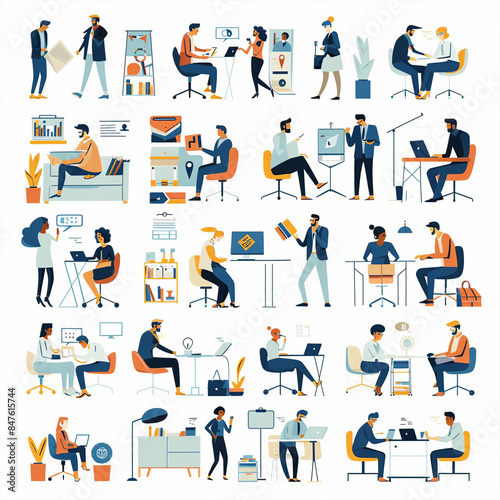 Office workers on workplace or meeting brainstorm,Business Concept illustrations Collection of scenes with men and women taking part in business
