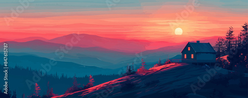 A serene mountain pass with a winding road leading through rocky cliffs. Vector flat minimalistic isolated