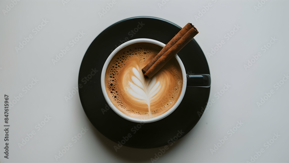 A cup of coffee with a cinnamon stick isolated on white background