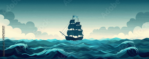 Phantom pirate ship haunting stormy waters. Vector flat minimalistic isolated