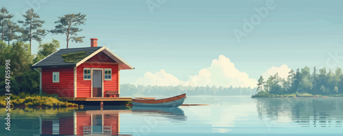 A serene lakeside cabin with a dock and a rowboat on the shore. Vector flat minimalistic isolated illustration.