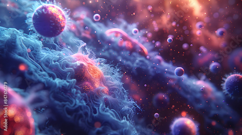 A cosmic-inspired 3D background featuring bioluminescent, bacteria-like organisms floating amidst swirling nebulae and stardust.