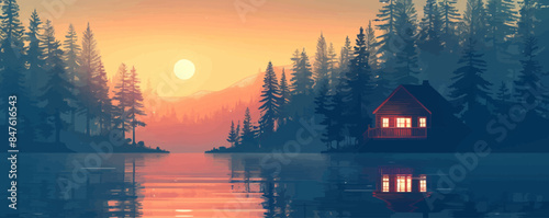 A cozy lakeside cabin nestled among tall pine trees. Vector flat minimalistic isolated illustration