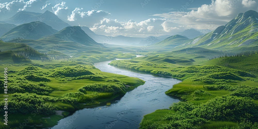 Fototapeta premium A winding stream cuts through lush meadows.