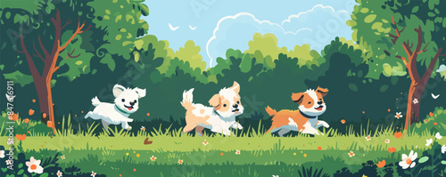 Puppies playing in a park Vector flat minimalistic isolated illustration