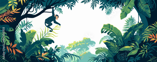 A curious monkey swinging from tree to tree in a lush rainforest, representing the diversity and vitality of ecosystems on a white background. Vector flat minimalistic isolated illustration