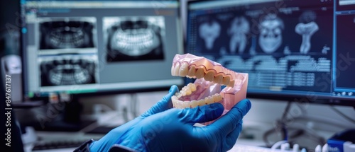 3D printed dental prosthetics on a digital interface, tele dentistry innovation, high-tech healthcare solution photo