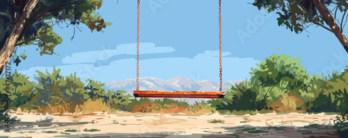 A rusty swing swaying gently in an abandoned playground. Vector flat minimalistic isolated illustration.