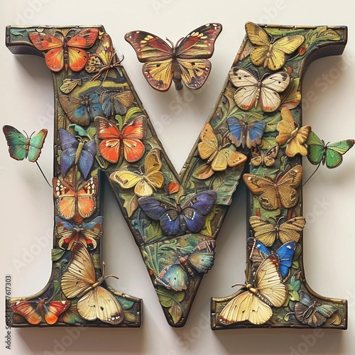 letter M isolated on white background with beautiful butterfly generative ai,White Background Isolated Wallpaper Texture Photo Image 2024