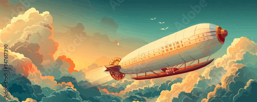 Steampunk airship soaring through the clouds Vector flat minimalistic isolated illustration
