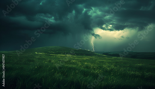 Great lightning storm behind green grass hill