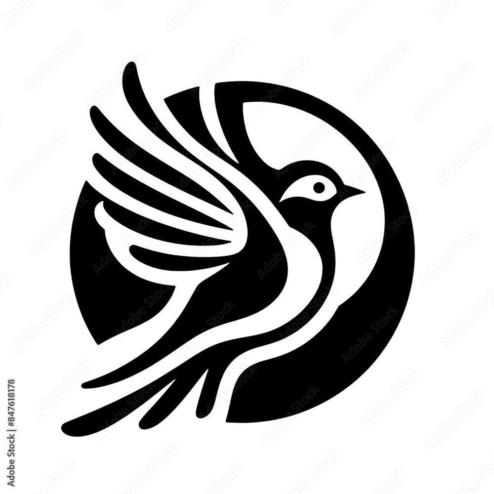 Black Silhouette of a Flying Bird on White Background