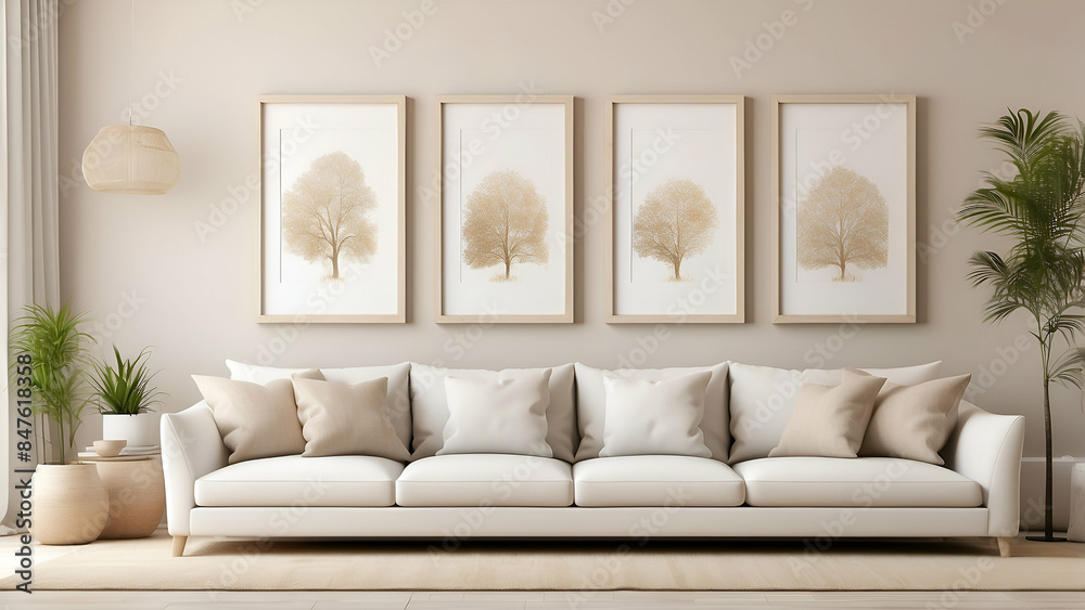 A white sofa, beige pillows, and three empty vertical picture frames make up this modern living room. A wall painting mockup. A white sofa, beige pillows, and three empty vertical picture frames make up this modern living room. A wall painting mockup.