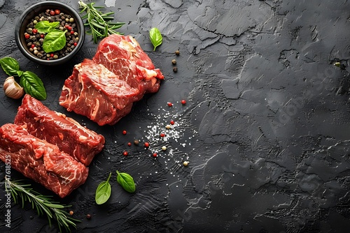 Raw Beef Steaks and Fresh Herbs on Dark Stone Background for Culinary Art and Grill Recipes