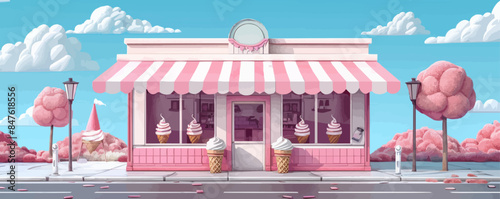 Vintage ice cream parlor with striped awnings and ice cream cones Vector flat minimalistic isolated illustration