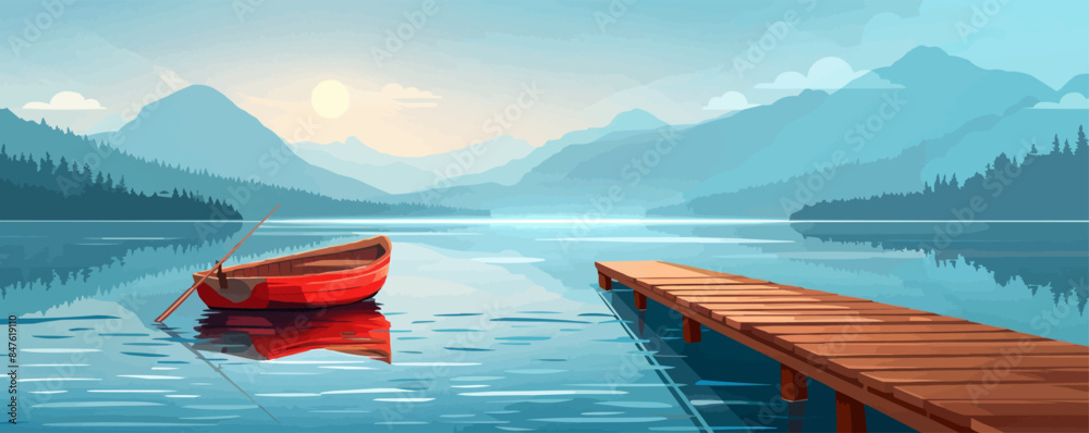 Serene lakeside dock with a rowboat. Vector flat minimalistic isolated