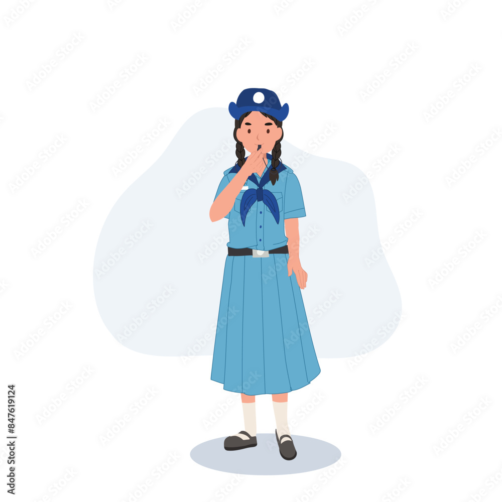 Thai Girl Scout in Uniform Blowing Whistle. Youth Organization Activity. Thai Girl Scout in Uniform Blowing Whistle. Youth Organization Activity.