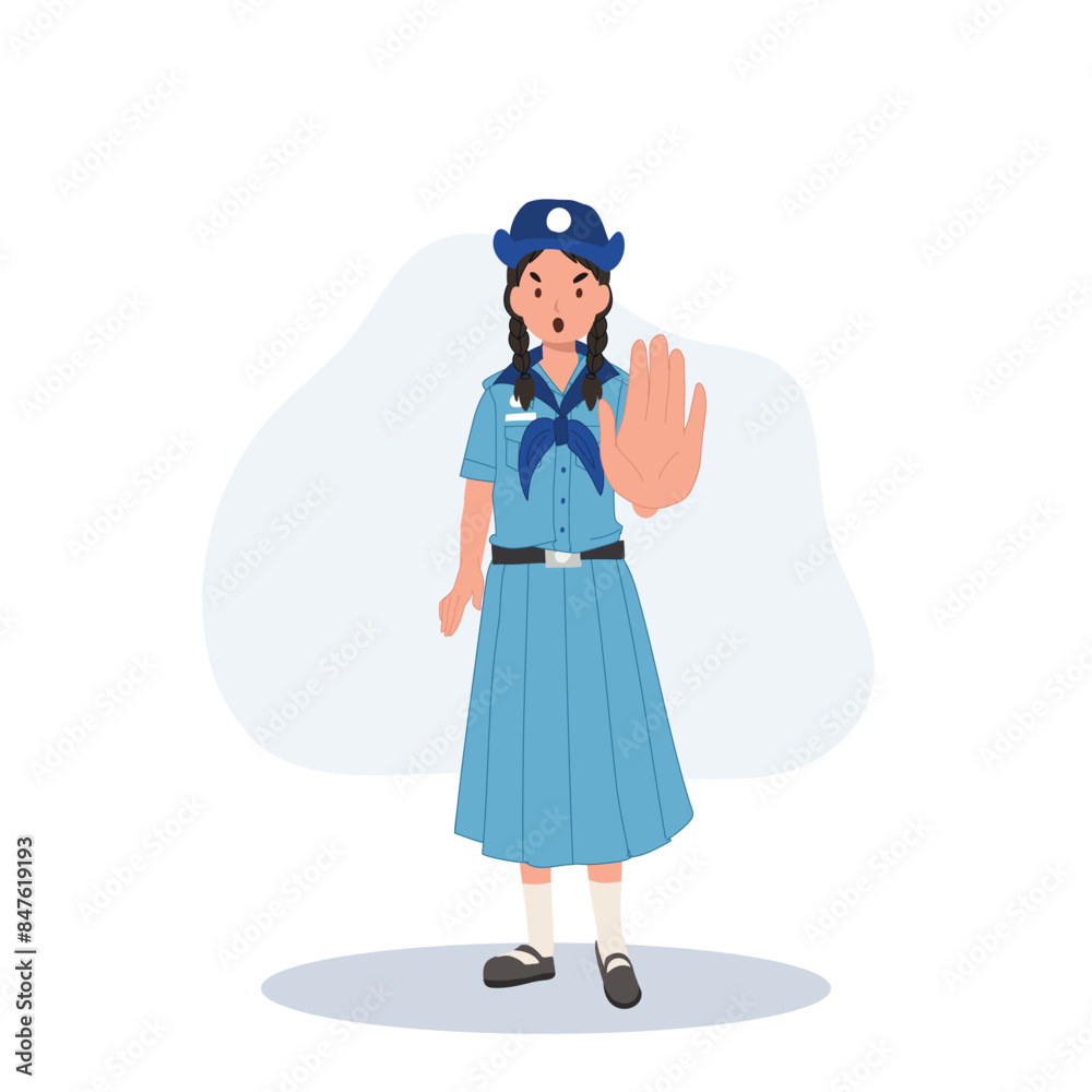 Thai Girl Scout show no hand gesture. Serious girl demonstrate stop sign. Nonverbal communication and body language Thai Girl Scout show no hand gesture. Serious girl demonstrate stop sign. Nonverbal communication and body language