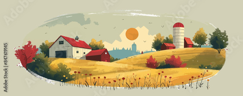 Peaceful countryside farm with barns and silos. Vector flat minimalistic isolated