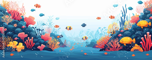 A whimsical underwater kingdom with coral reefs and schools of colorful fish. Vector flat minimalistic isolated illustration.