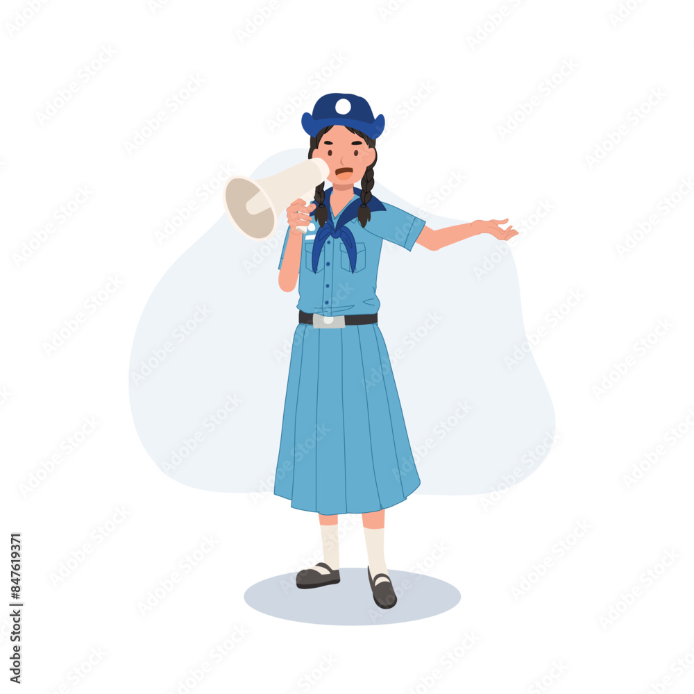 Cute Young Thai girl scout in uniform using megaphone. embodying leadership and communication skills. Cute Young Thai girl scout in uniform using megaphone. embodying leadership and communication skills.