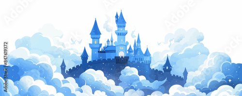 A whimsical castle in the clouds with turrets and spires reaching toward the sky. Vector flat minimalistic isolated