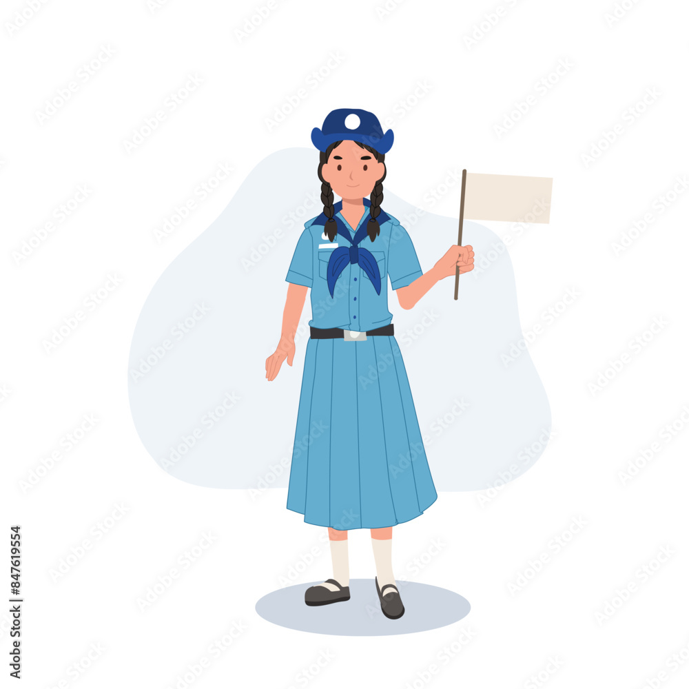 Thai Girl Scout in Uniform Holding Flag. Cultural Symbolism in Scout Thai Girl Scout in Uniform Holding Flag. Cultural Symbolism in Scout