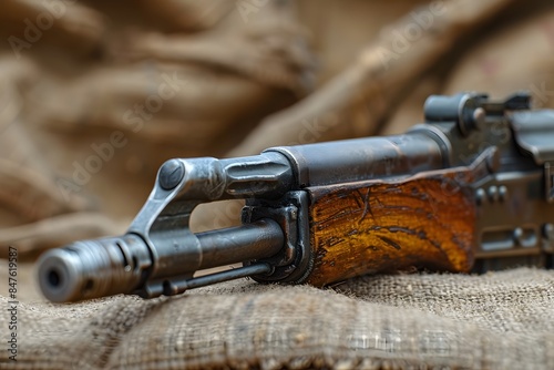 Close-Up of Vintage Rifle on Burlap: Rugged Military Weapon for Historical References