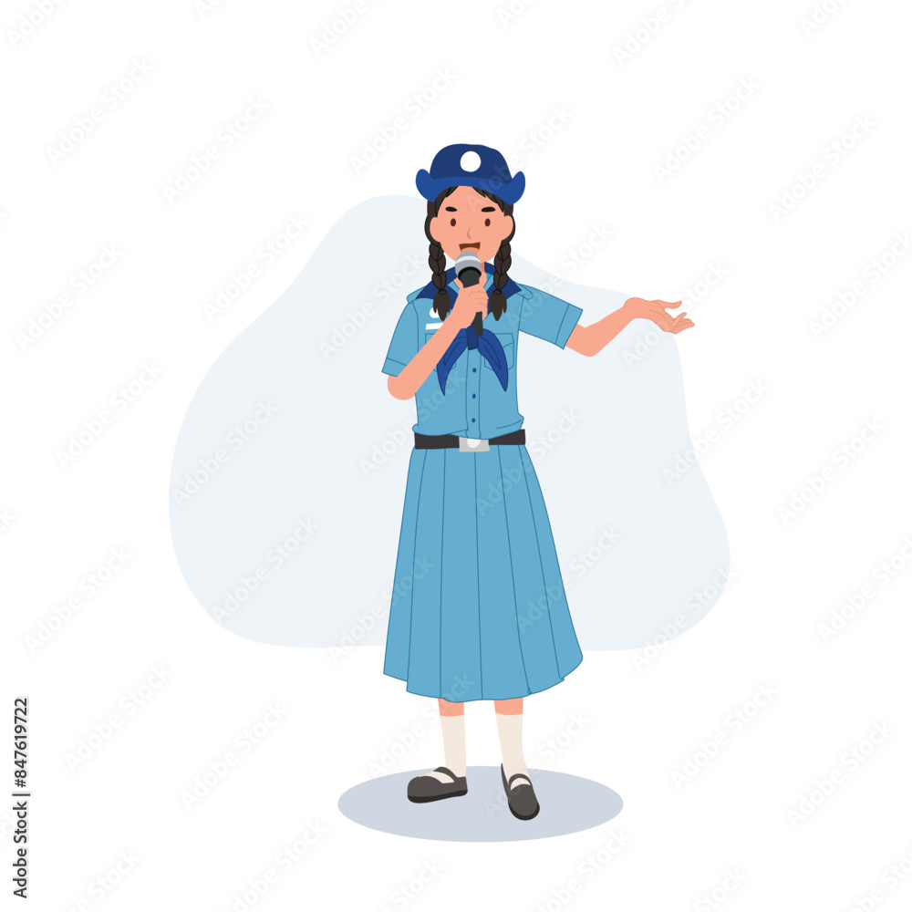 Confidence and Empowering Presentation. Young Thai Girl Scout in Uniform Presenting with Microphone Confidence and Empowering Presentation. Young Thai Girl Scout in Uniform Presenting with Microphone