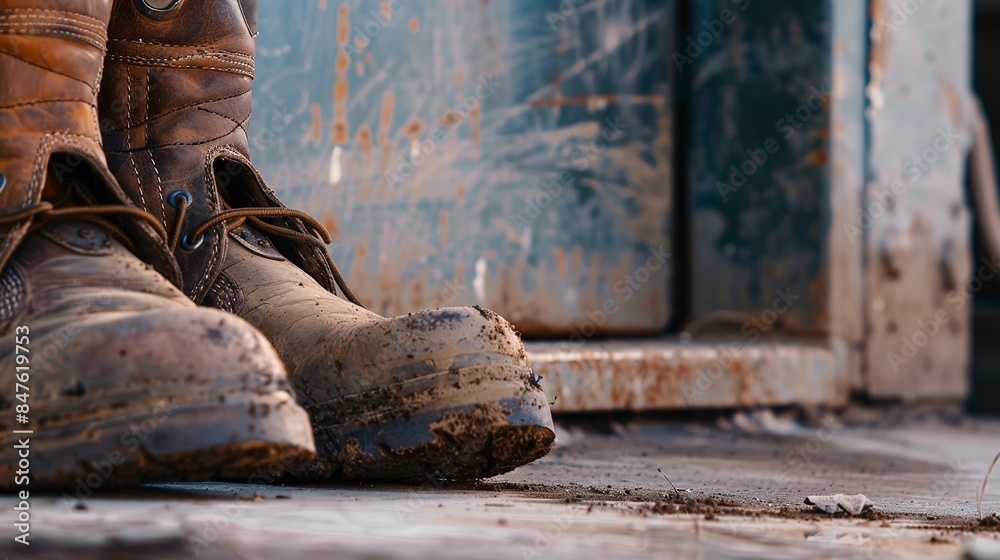 Close-up of worn work boots at factory entrance, no people, tales of labor, muddy details, natural light Close-up of worn work boots at factory entrance, no people, tales of labor, muddy details, natural light